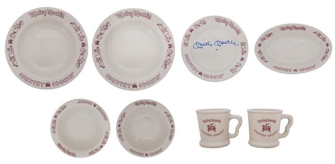 Lot of (8) Mickey Mantles Country Cookin Restaurant Plates and Cups - 1 Plate Signed By Mickey Mantle (JSA)